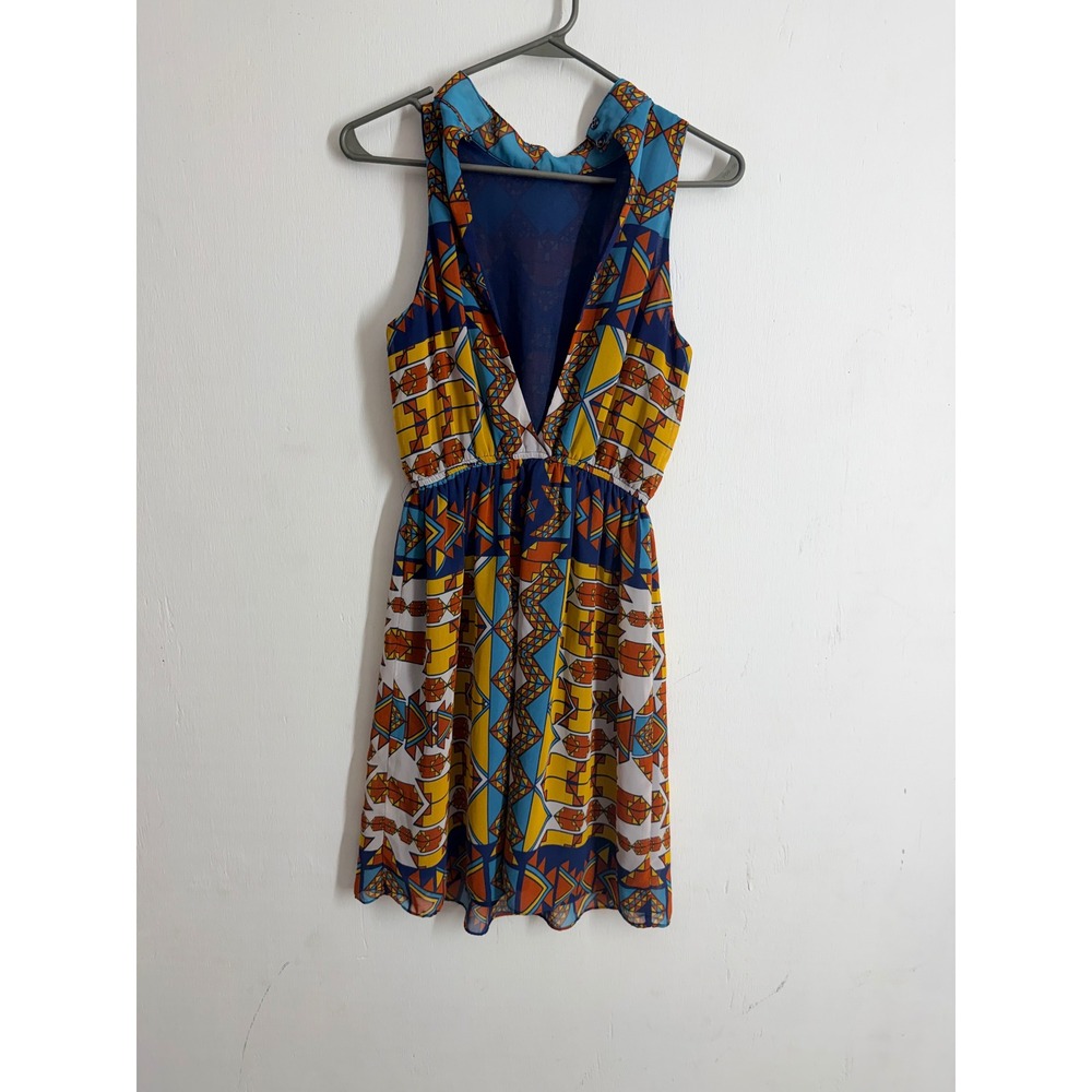 Hot & Delicious Geometric Tribal Print Mini Dress Blue Orange Yellow HMD1191A M